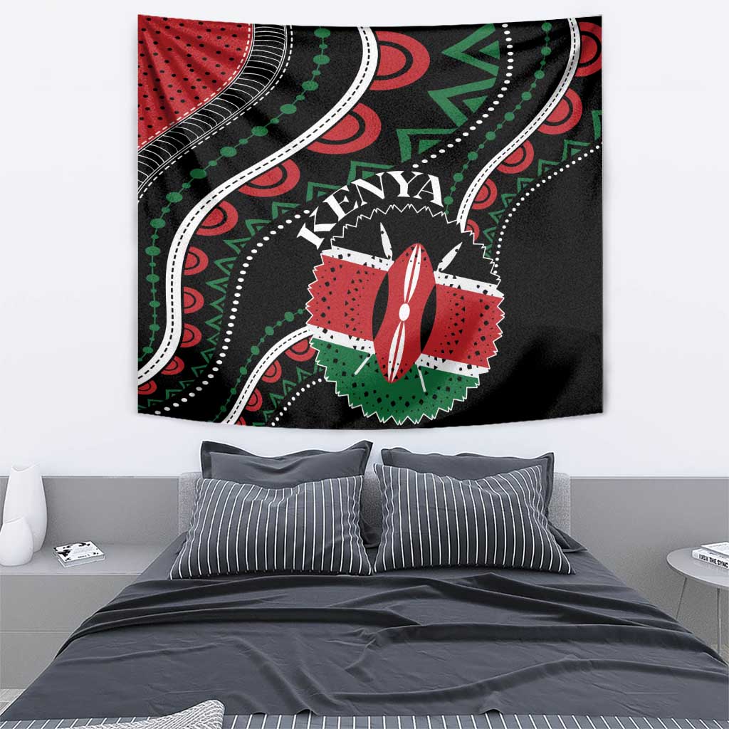 Black African tapestry with Kenya lettering and decorative red, green, and white swirl designs