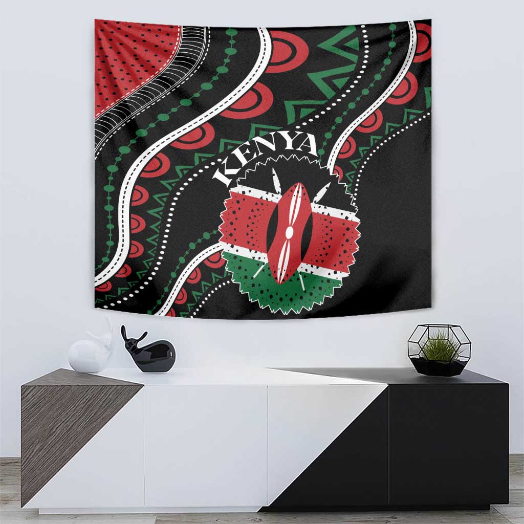 Black African tapestry with Kenya crest, red geometric shapes, and green dot pattern lines