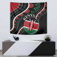 Black African tapestry with Kenya crest, red geometric shapes, and green dot pattern lines