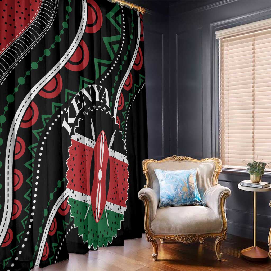 Kenya window curtain panel with bold black, red, green, and white African geometric print