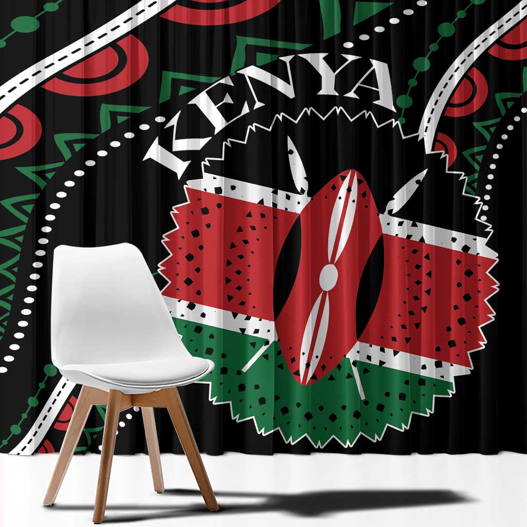 Kenya window curtain panel in black with red and green geometric Africa motif and white accents