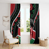 Kenya window curtain pair with black base and bold red, green, white geometric pattern