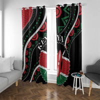 Kenya window curtain panels with black base and red, green, white abstract African design