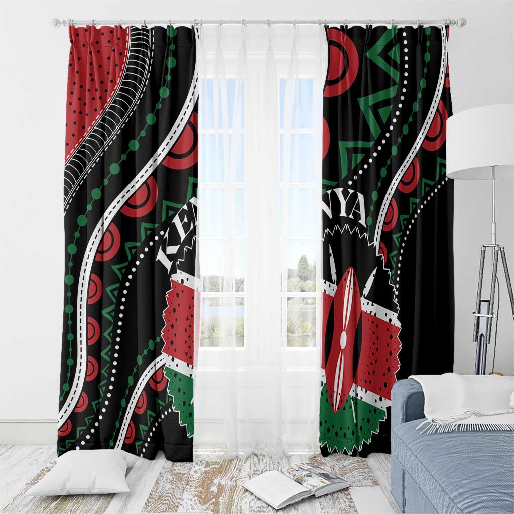 Kenya window curtain panels featuring black, red, green, and white geometric African pattern