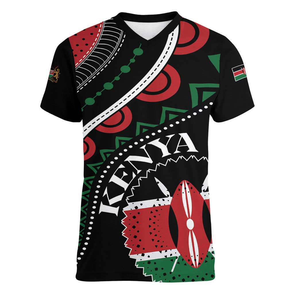 Personalized Kenya Women V-Neck T-Shirt Harambee African Pattern