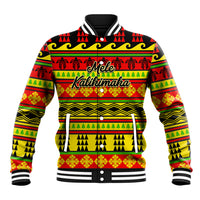 Unisex baseball jacket with red, green, yellow Hawaiian quilt print and snap front