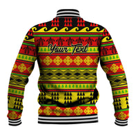 Unisex baseball jacket with Hawaiian quilt print, striped yoke, and snap front (back)