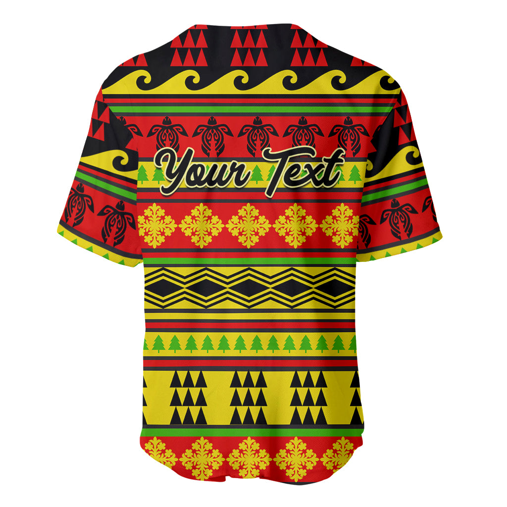 Baseball jersey with red, green, yellow Hawaiian Christmas quilt pattern, 'Your Text' back