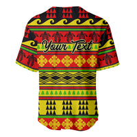 Baseball jersey with red, green, yellow Hawaiian Christmas quilt pattern, 'Your Text' back