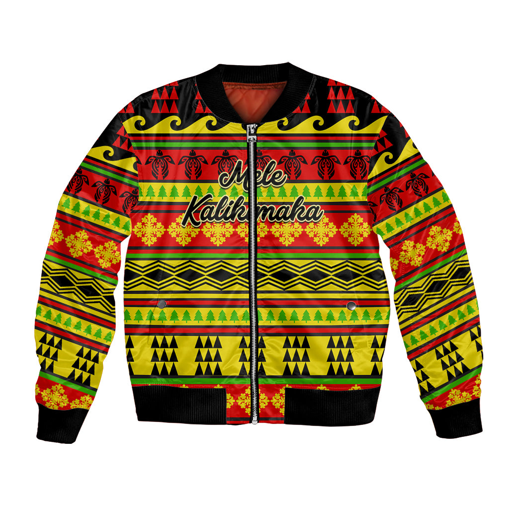 Unisex bomber jacket with black ribbed collar, multicolor Hawaiian quilt holiday front zip