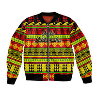 Unisex bomber jacket with black ribbed collar, multicolor Hawaiian quilt holiday front zip