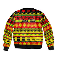 Unisex bomber jacket with 'Your Text' on multicolor Hawaiian quilt holiday pattern, front zip