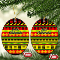 Ceramic oval Christmas ornaments with Hawaiian quilt pattern, red/yellow/green, hanging loop