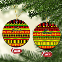 Ceramic circle Christmas ornaments with Hawaiian quilt pattern, red/yellow/green, hanging loop