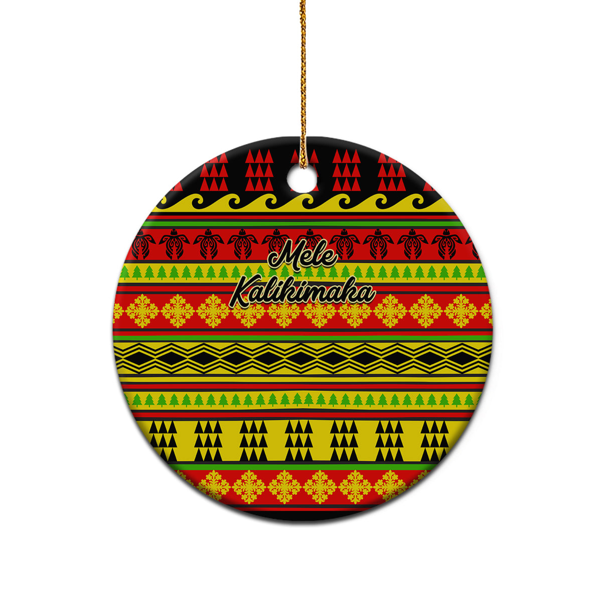 Ceramic circle Christmas ornament with Hawaiian quilt pattern in red, yellow, green, gold loop