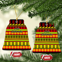 Ceramic bell-shaped Christmas ornaments with Hawaiian quilt pattern, red/yellow/green, hanging loop