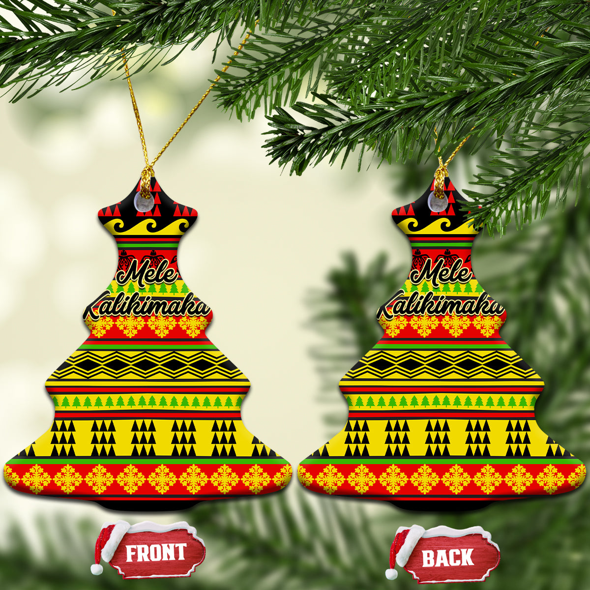 Ceramic bell-shaped Christmas ornaments with Hawaiian quilt pattern, red/yellow/green, hanging loop