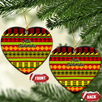 Ceramic heart-shaped Christmas ornaments with Hawaiian quilt pattern, red/yellow/green, hanging loop