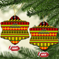Ceramic bell-shaped and star-shaped Christmas ornaments, Hawaiian quilt pattern, red/yellow/green