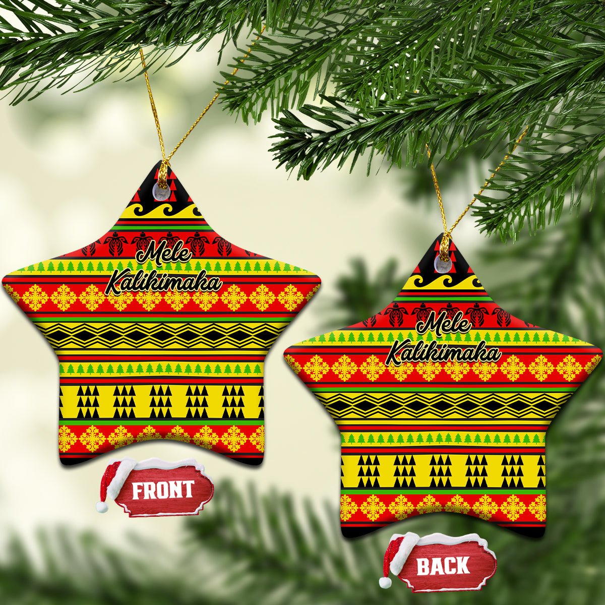 Ceramic star-shaped Christmas ornaments with Hawaiian quilt pattern, red/yellow/green, hanging loop