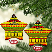 Ceramic star-shaped Christmas ornaments with Hawaiian quilt pattern, red/yellow/green, hanging loop