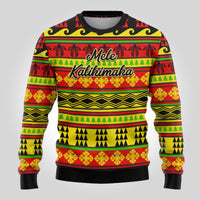 Hawaiian Christmas sweater in red, green, yellow, black with Mele Kalihimaka text