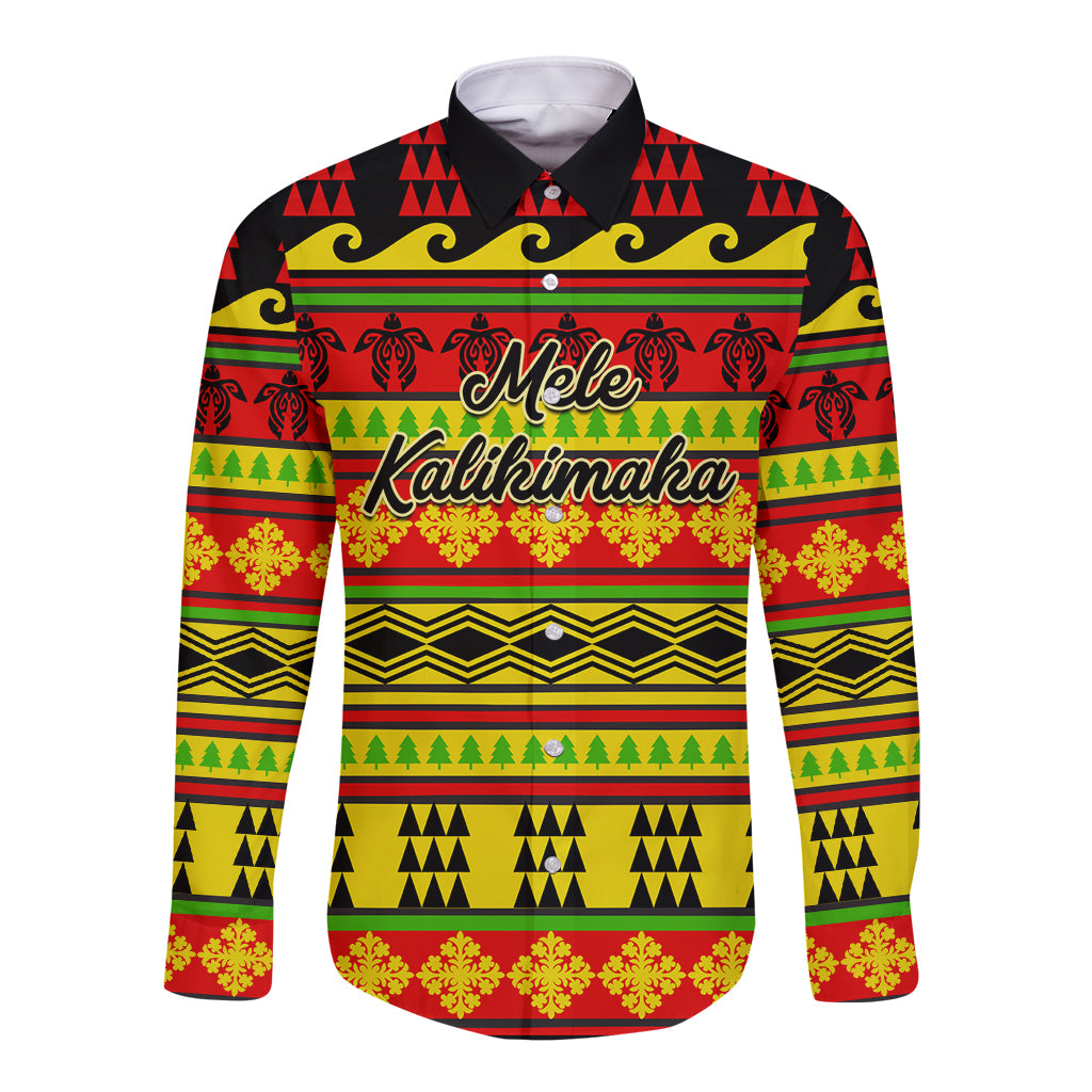 Unisex long-sleeve button shirt with red yellow green quilt-style holiday pattern