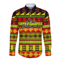 Unisex long-sleeve button shirt with red yellow green quilt-style holiday pattern