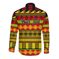 Unisex long-sleeve button shirt with red yellow green quilt-style pattern and custom text