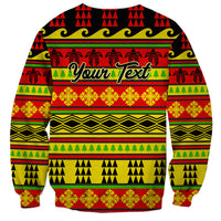 Unisex crewneck sweatshirt with red/yellow/green holiday quilt pattern, 'Your Text' banner.