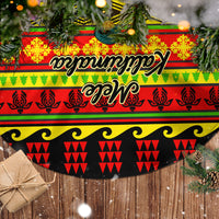 Christmas tree skirt fabric with bold red, green, yellow Hawaiian motif