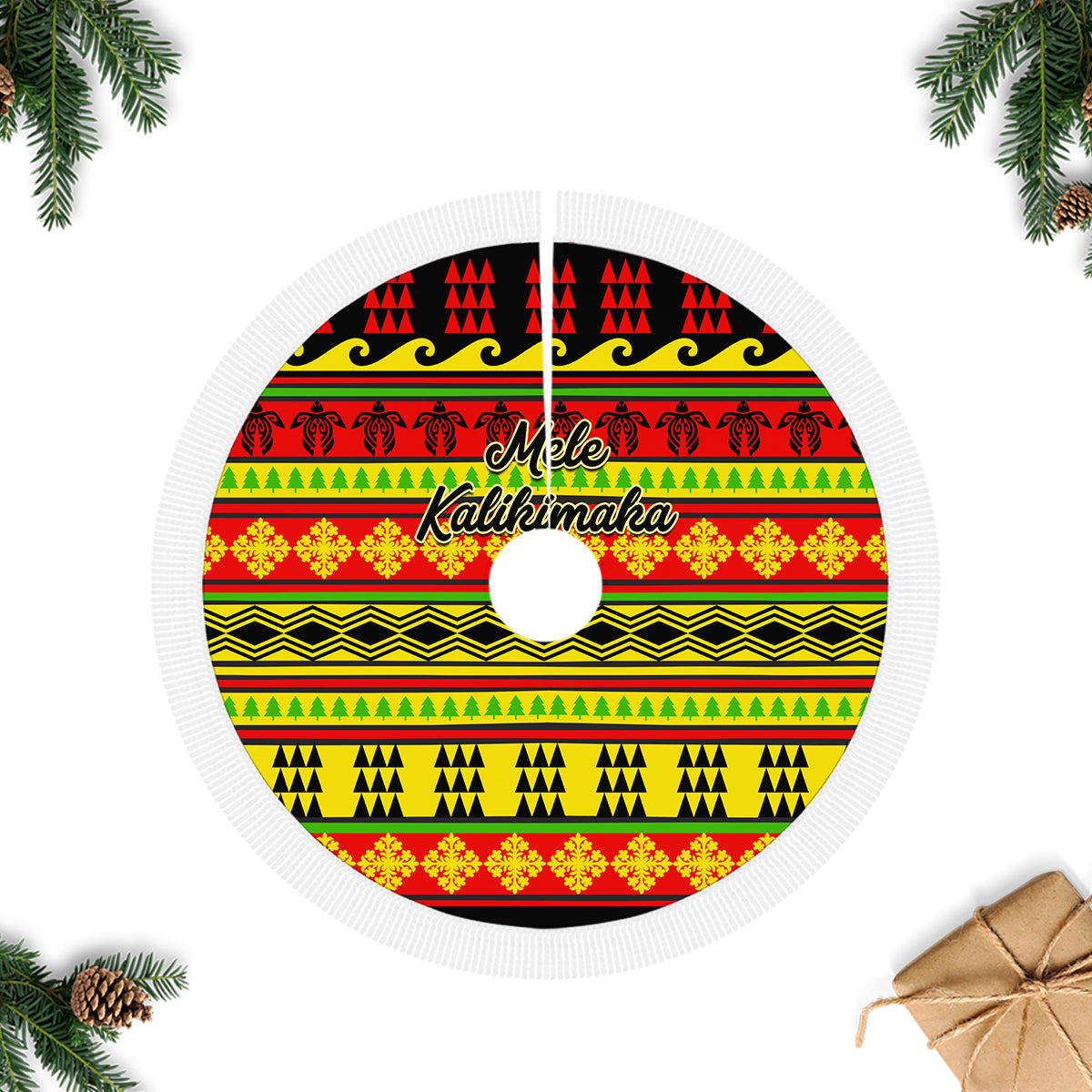 Round Christmas tree skirt with white ruffled edge and Hawaiian quilt pattern