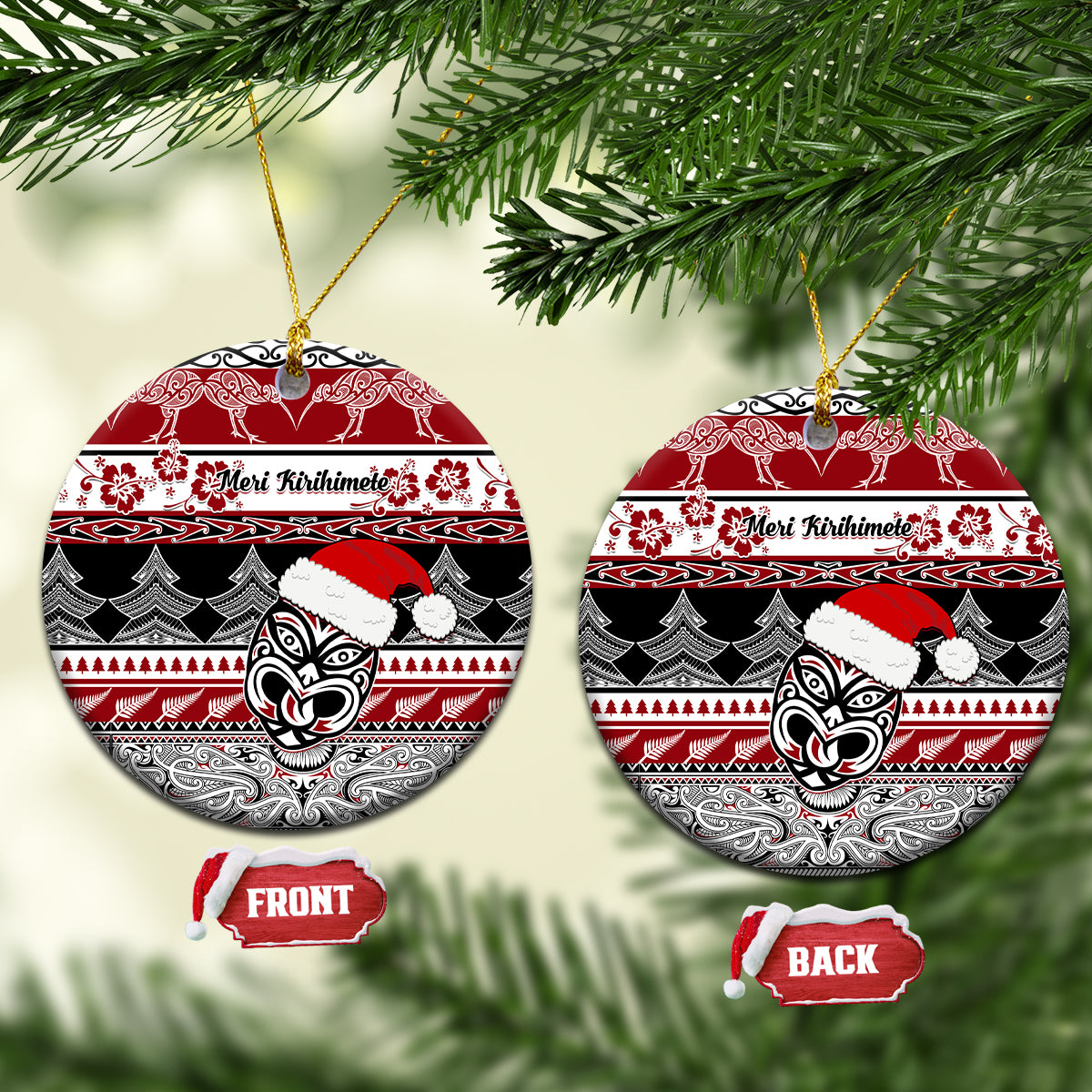 Red ceramic Christmas ornament, round design with Maori-style moko face, hanging loop