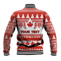 Red patterned baseball jacket back with maple leaf and 'YOUR TEXT', ribbed collar