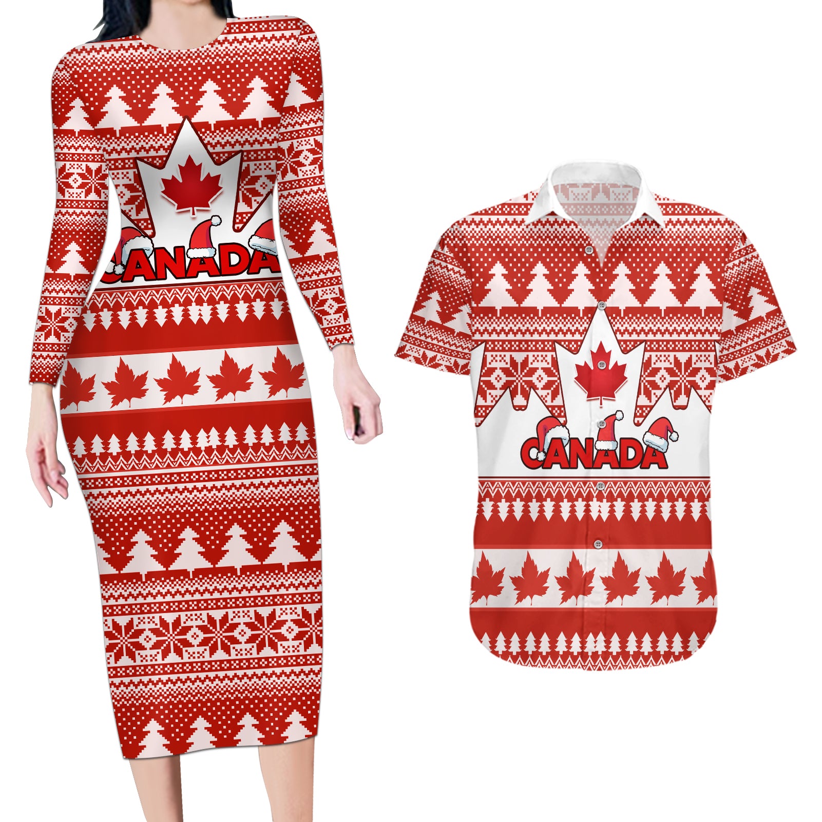 Custom Canada Christmas Couples Matching Long Sleeve Bodycon Dress and Hawaiian Shirt Maple Leaf Unique Style - Wonder Print Shop