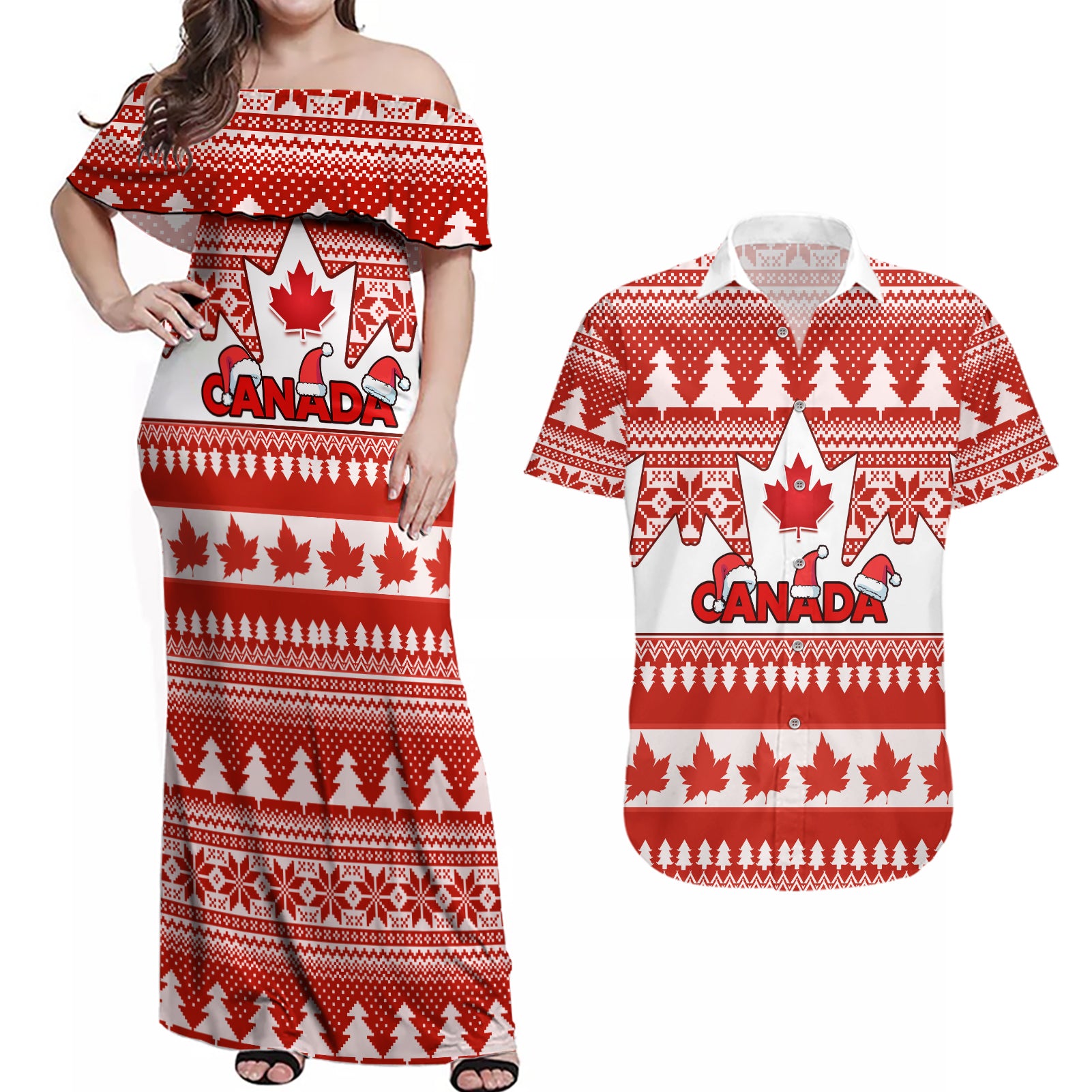 Custom Canada Christmas Couples Matching Off Shoulder Maxi Dress and Hawaiian Shirt Maple Leaf Unique Style - Wonder Print Shop