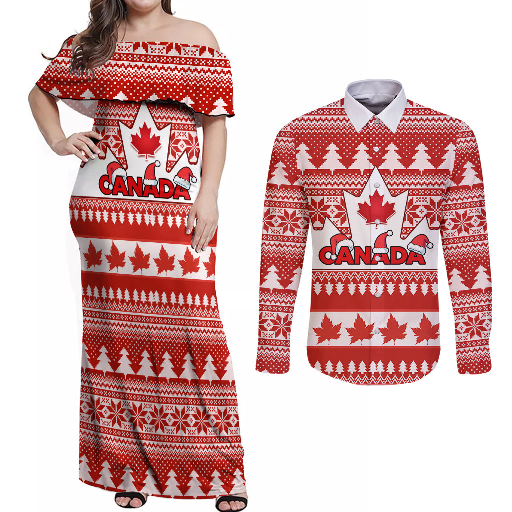 Custom Canada Christmas Couples Matching Off Shoulder Maxi Dress and Long Sleeve Button Shirt Maple Leaf Unique Style - Wonder Print Shop