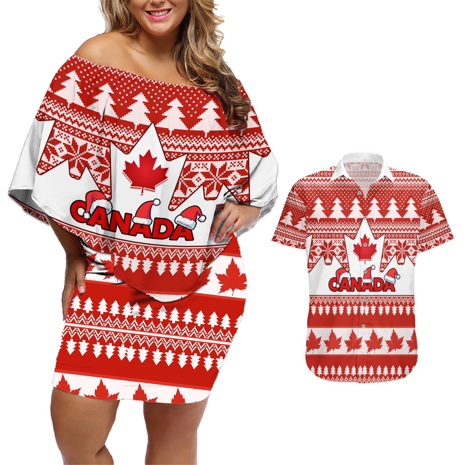 Custom Canada Christmas Couples Matching Off Shoulder Short Dress and Hawaiian Shirt Maple Leaf Unique Style - Wonder Print Shop