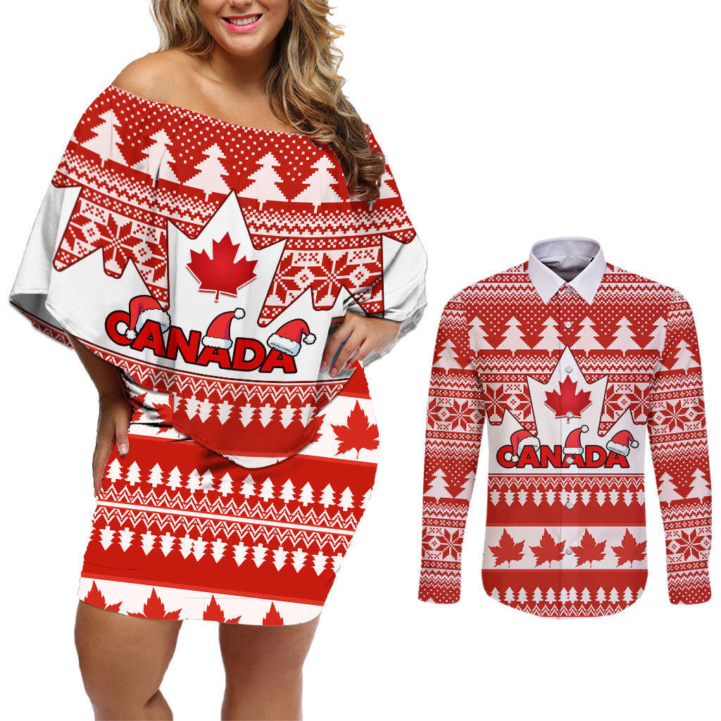 Custom Canada Christmas Couples Matching Off Shoulder Short Dress and Long Sleeve Button Shirt Maple Leaf Unique Style - Wonder Print Shop