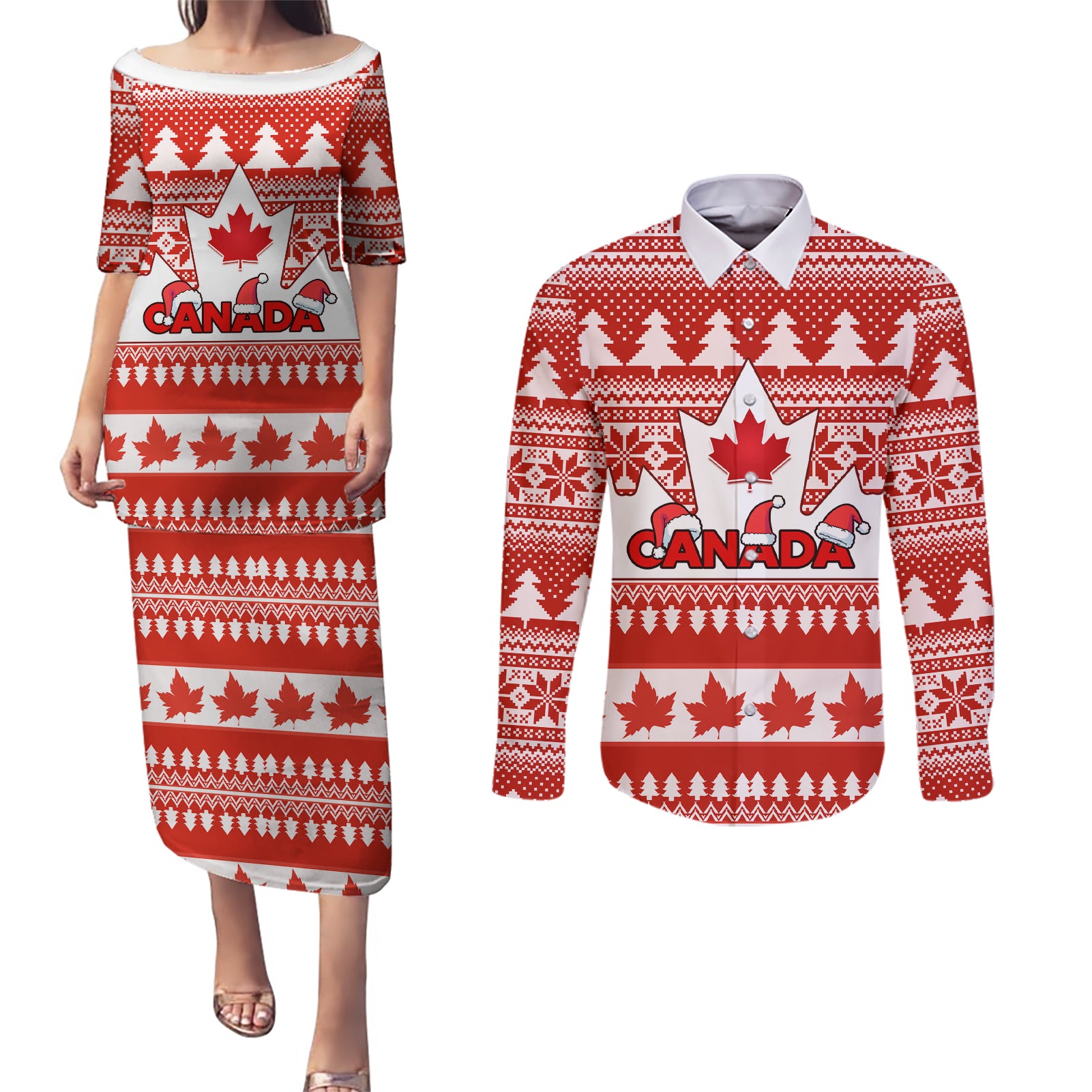 Custom Canada Christmas Couples Matching Puletasi Dress and Long Sleeve Button Shirt Maple Leaf Unique Style - Wonder Print Shop