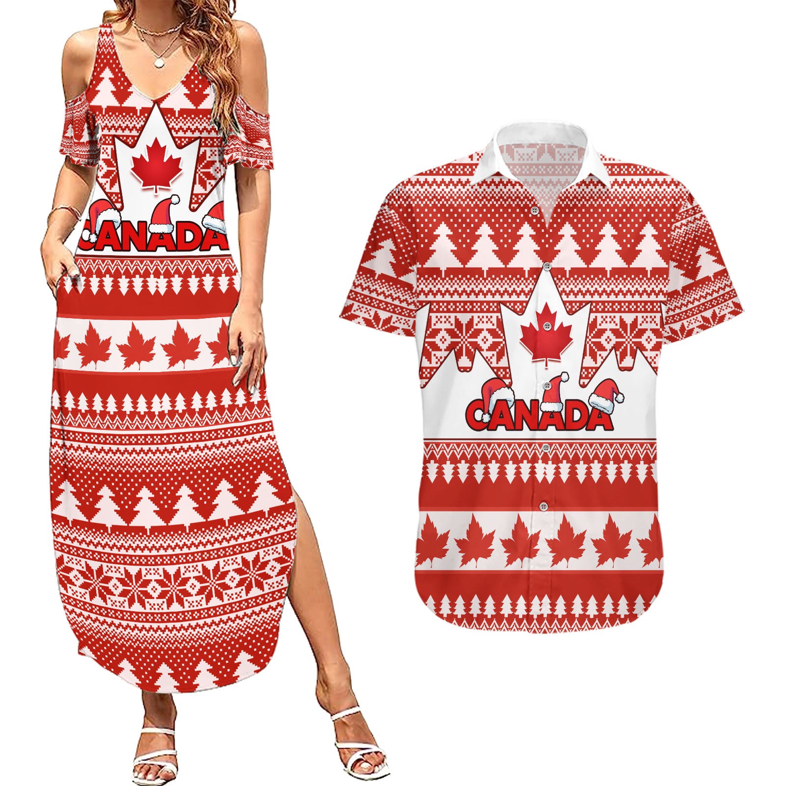 Custom Canada Christmas Couples Matching Summer Maxi Dress and Hawaiian Shirt Maple Leaf Unique Style - Wonder Print Shop