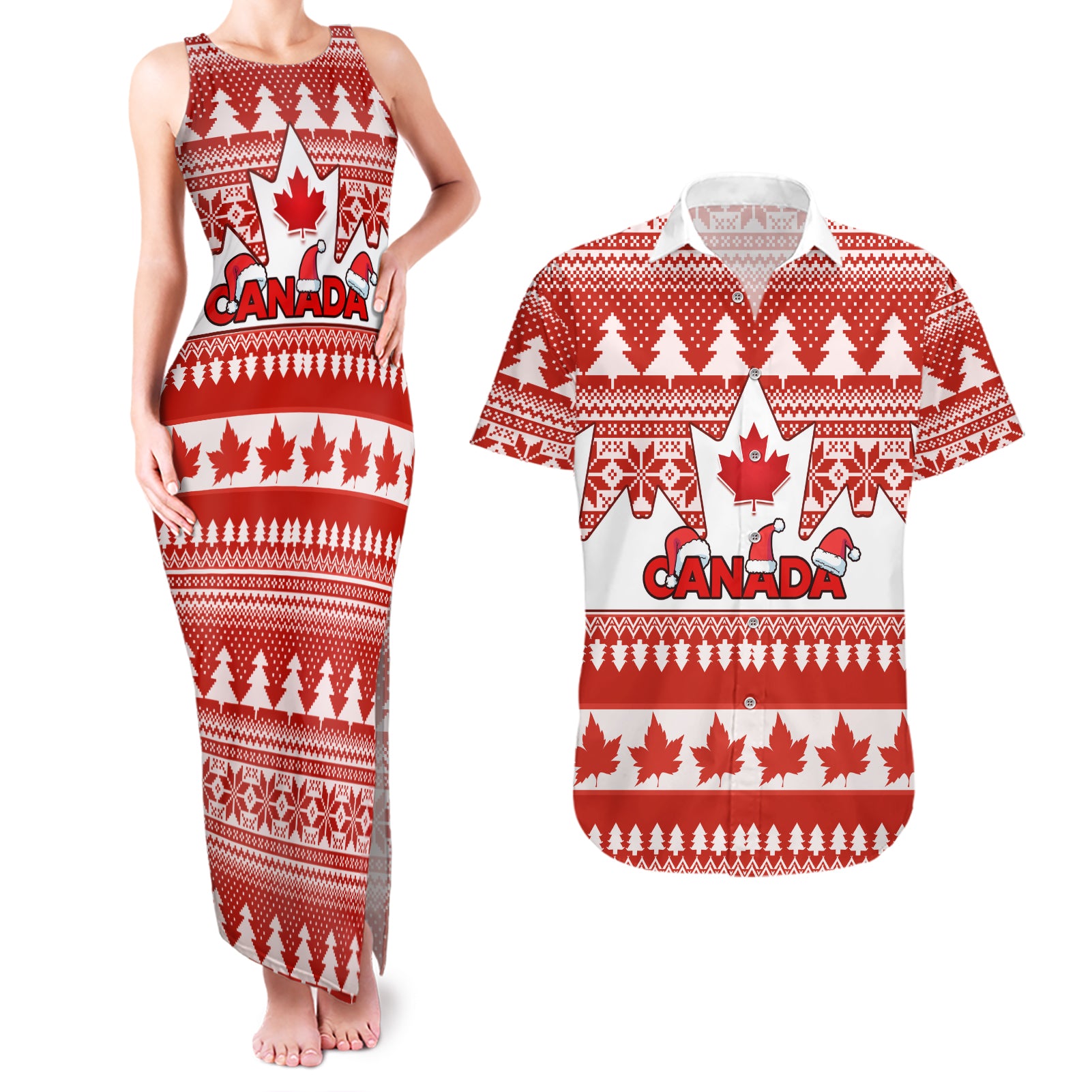 Custom Canada Christmas Couples Matching Tank Maxi Dress and Hawaiian Shirt Maple Leaf Unique Style - Wonder Print Shop