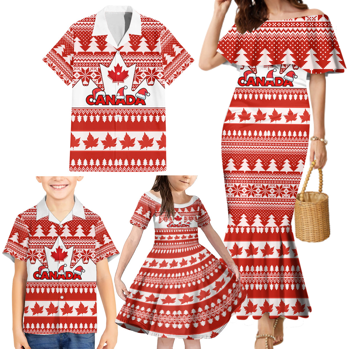 Custom Canada Christmas Family Matching Mermaid Dress and Hawaiian Shirt Maple Leaf Unique Style - Wonder Print Shop