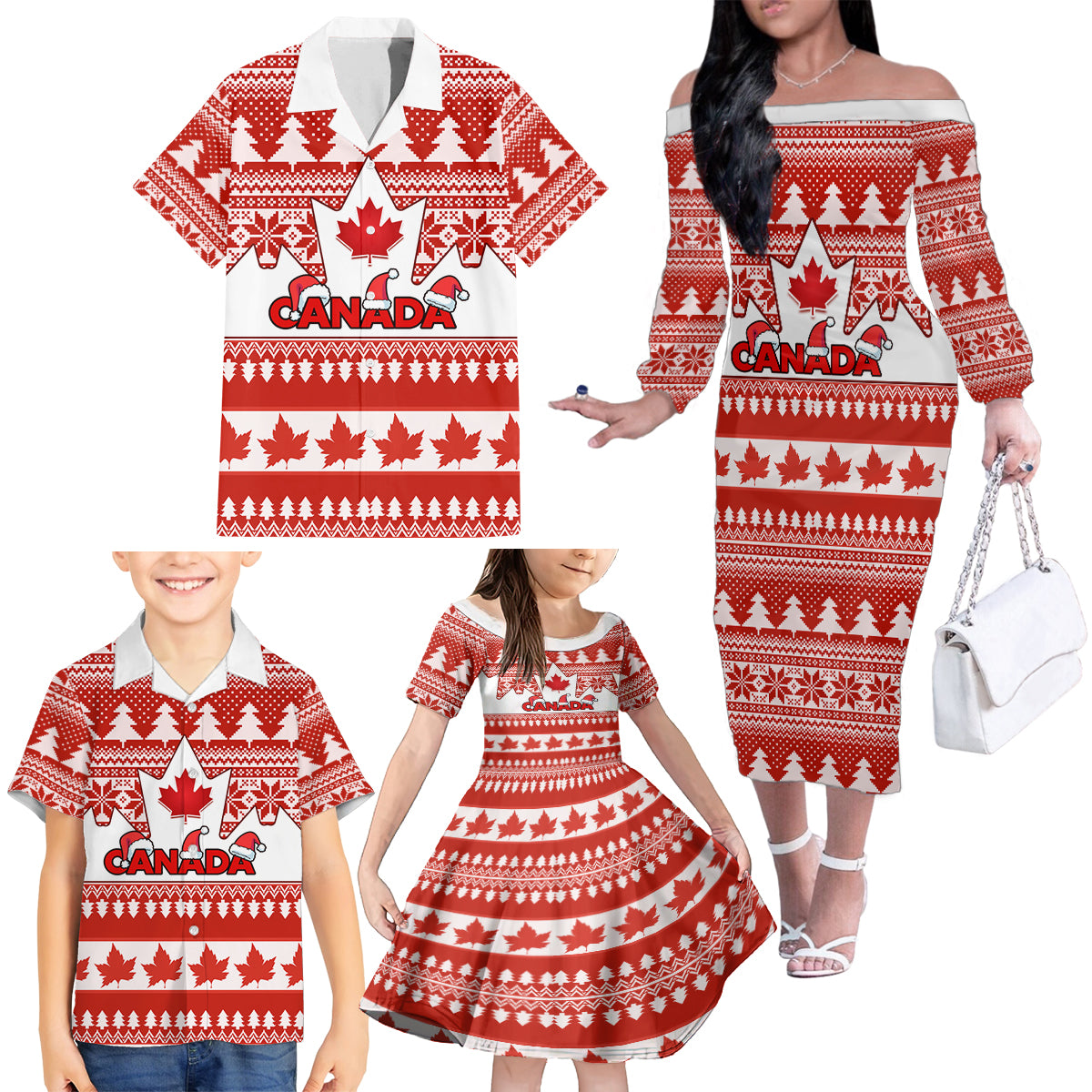 Custom Canada Christmas Family Matching Off Shoulder Long Sleeve Dress and Hawaiian Shirt Maple Leaf Unique Style - Wonder Print Shop