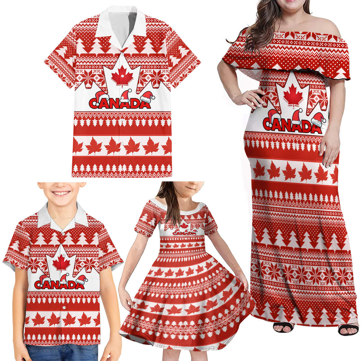 Custom Canada Christmas Family Matching Off Shoulder Maxi Dress and Hawaiian Shirt Maple Leaf Unique Style - Wonder Print Shop