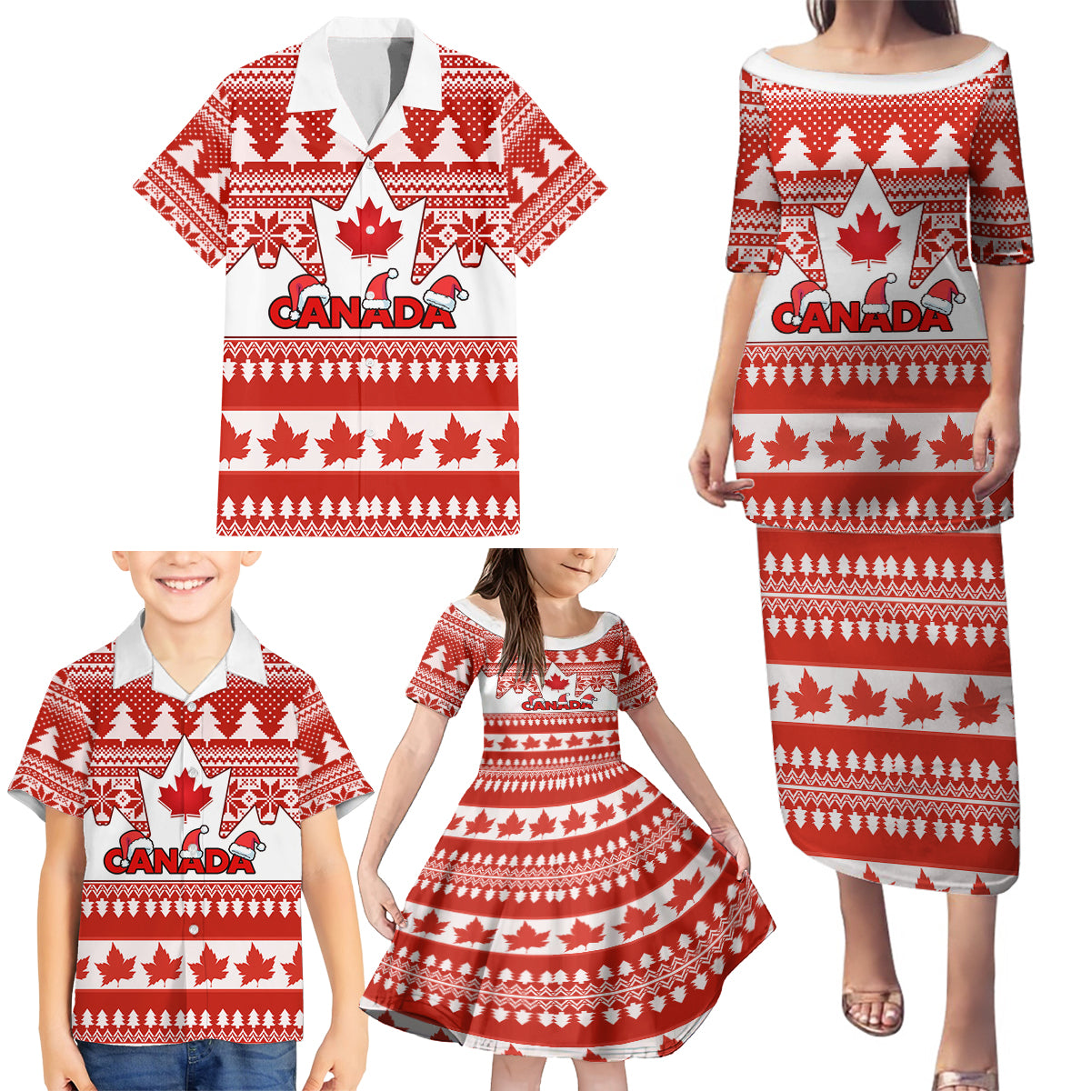 Custom Canada Christmas Family Matching Puletasi Dress and Hawaiian Shirt Maple Leaf Unique Style - Wonder Print Shop