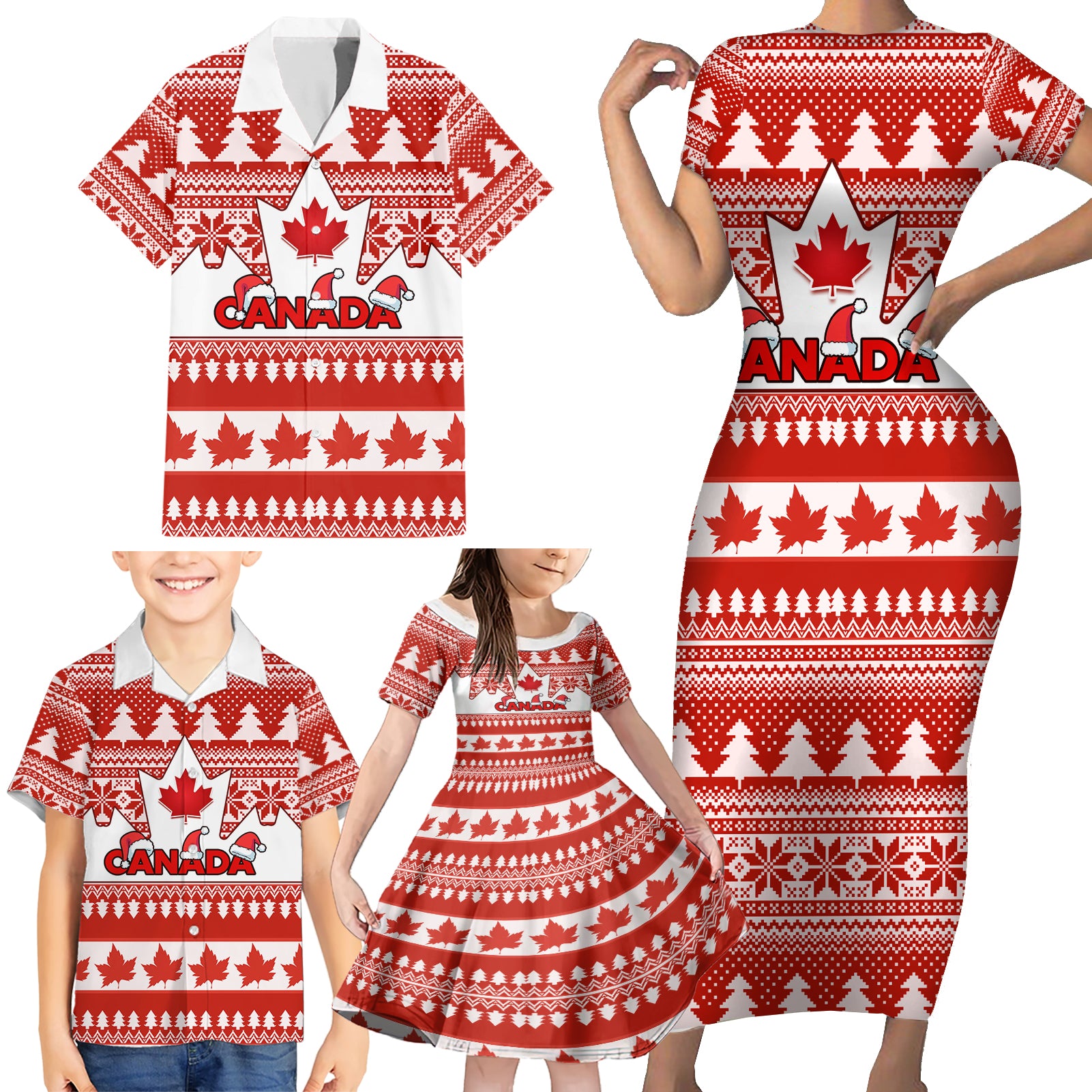 Custom Canada Christmas Family Matching Short Sleeve Bodycon Dress and Hawaiian Shirt Maple Leaf Unique Style - Wonder Print Shop