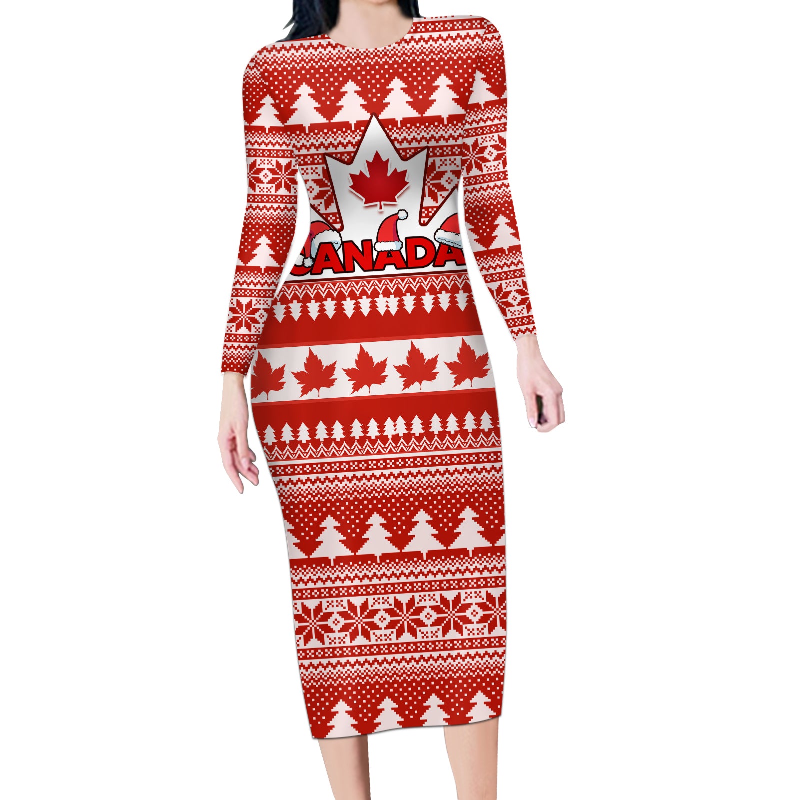 Custom Canada Christmas Long Sleeve Bodycon Dress Maple Leaf Unique Style - Wonder Print Shop