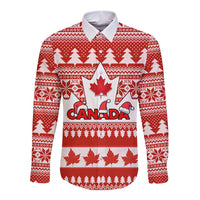 Unisex red long-sleeve button shirt with Canada graphic and maple leaf pattern