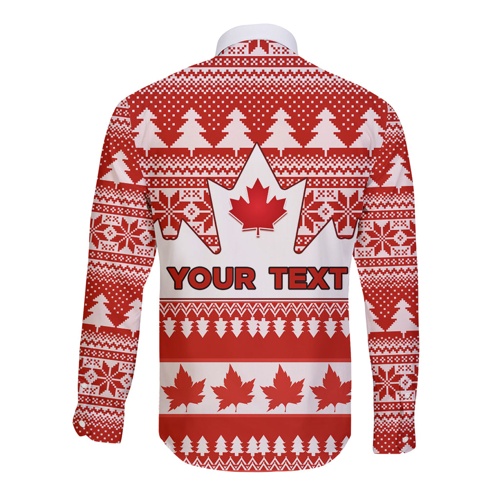 Unisex red long-sleeve button shirt, back YOUR TEXT with maple leaf pattern